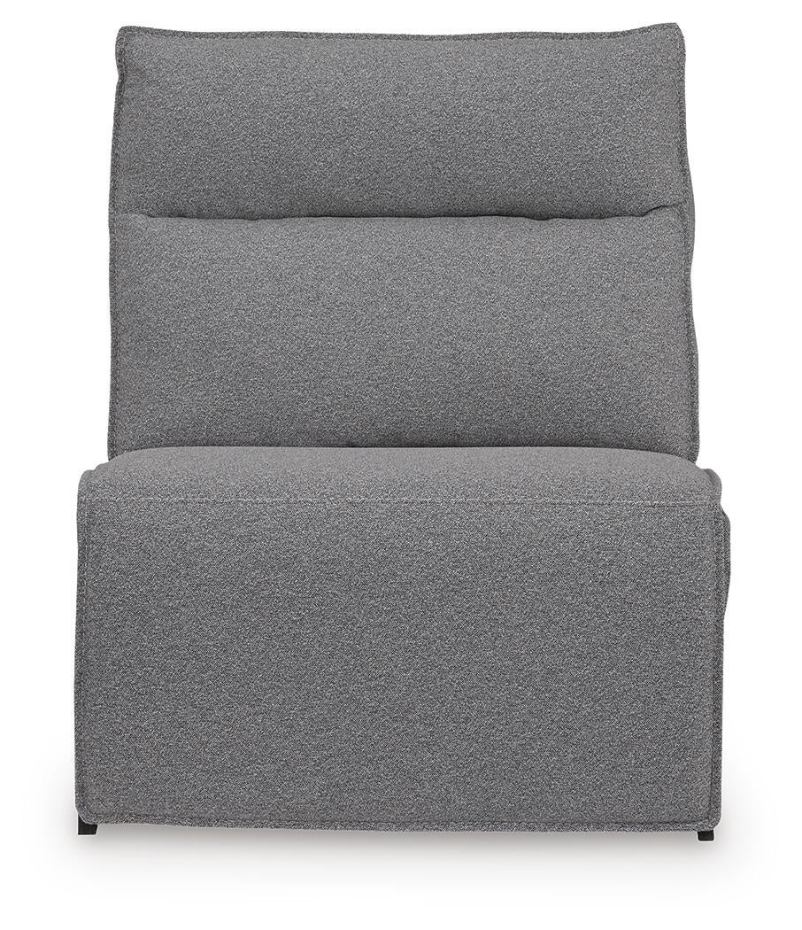 Gray upholstered armless sectional seat, front view