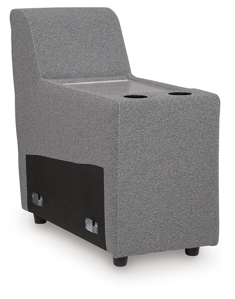 Narrow gray sectional console, angled view