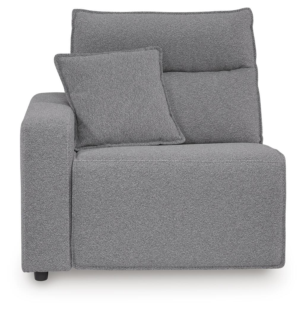 Gray upholstered sectional seat with one arm, front view