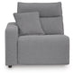 Gray upholstered sectional seat with one arm, front view