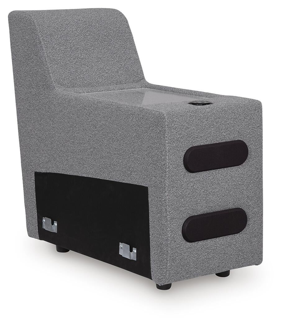 Gray sectional console with cup holders, angled view
