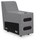 Gray sectional console with cup holders, angled view