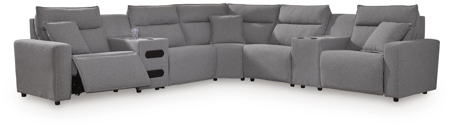 Gray reclining sectional sofa with a corner unit and consoles