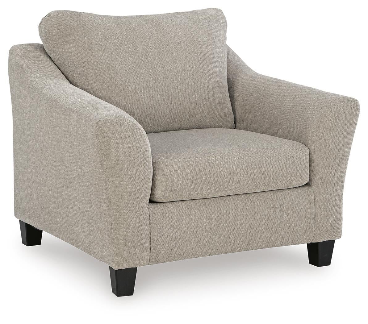 Beige upholstered armchair with dark legs, angled view