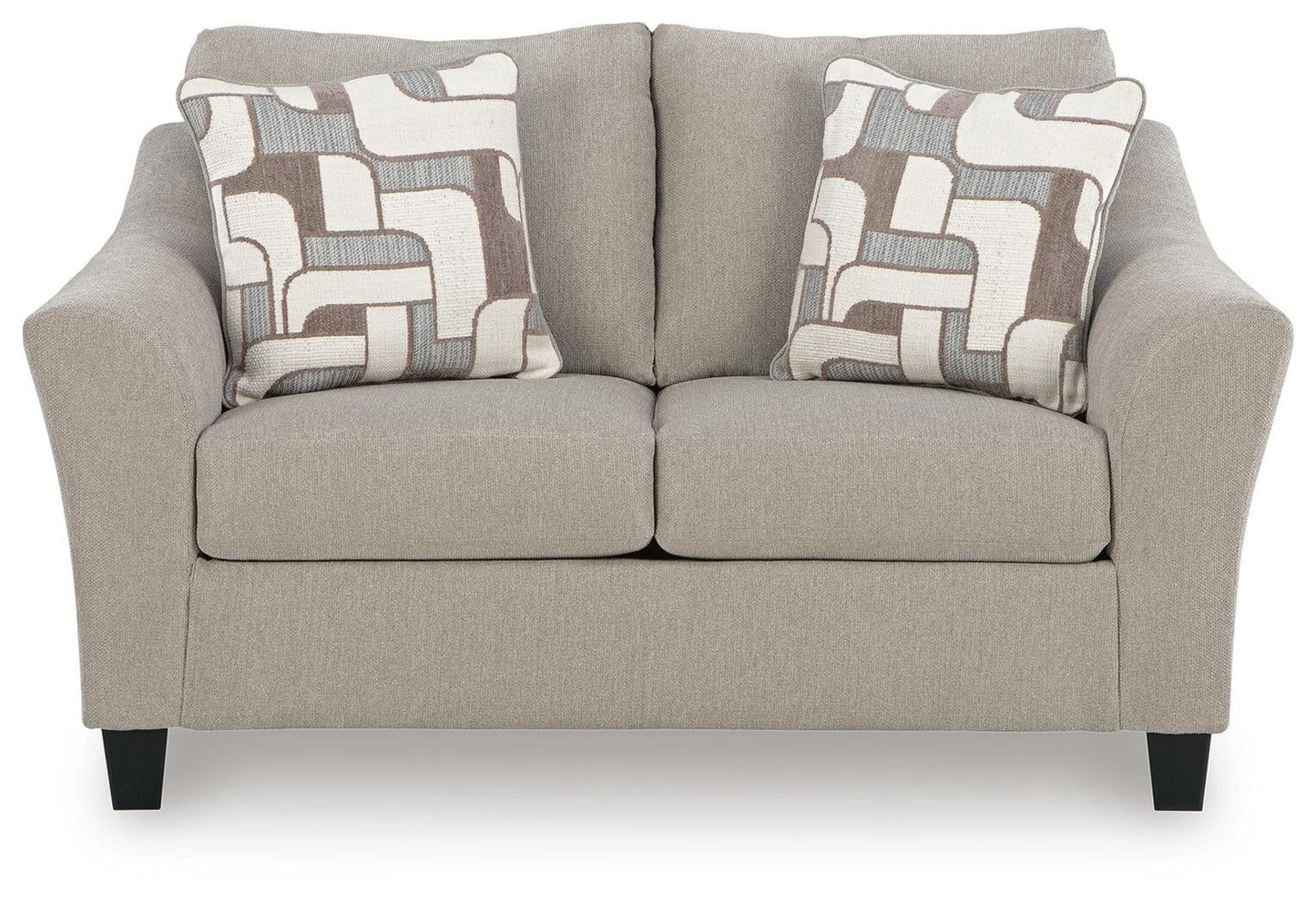 Beige upholstered accent chair with patterned pillows, front view