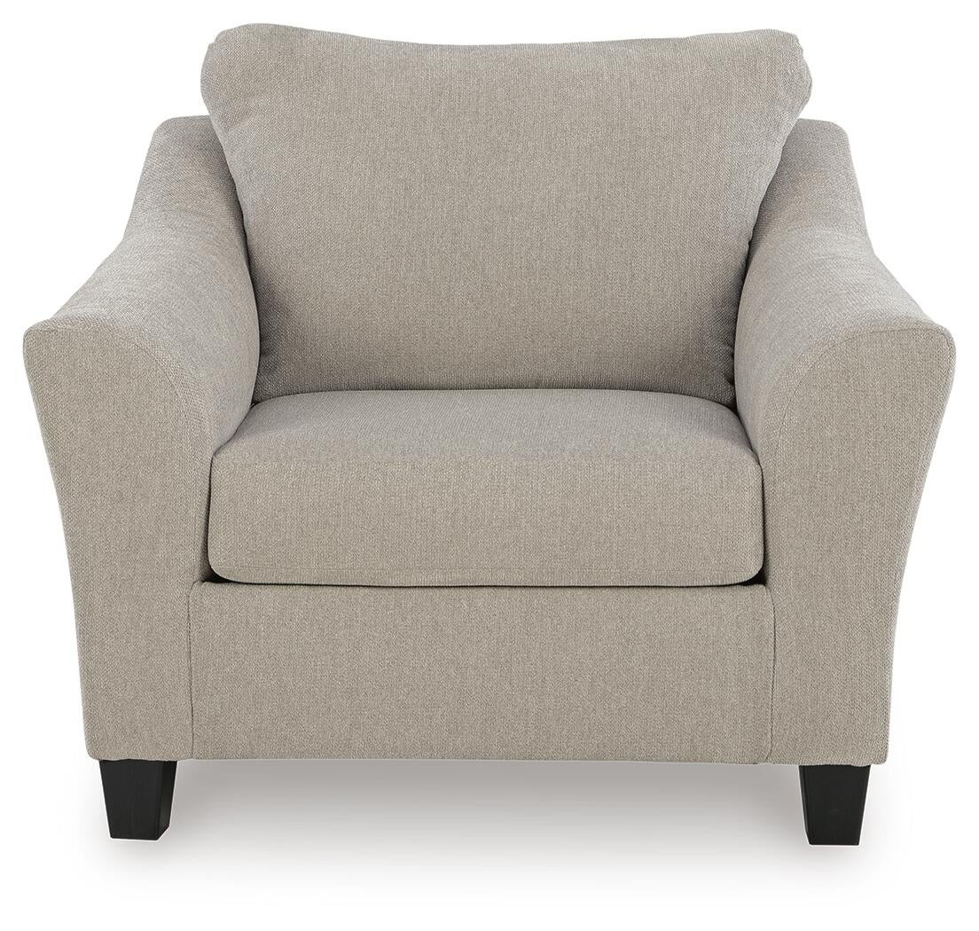 Beige upholstered armchair with dark legs, front view