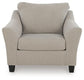Beige upholstered armchair with dark legs, front view