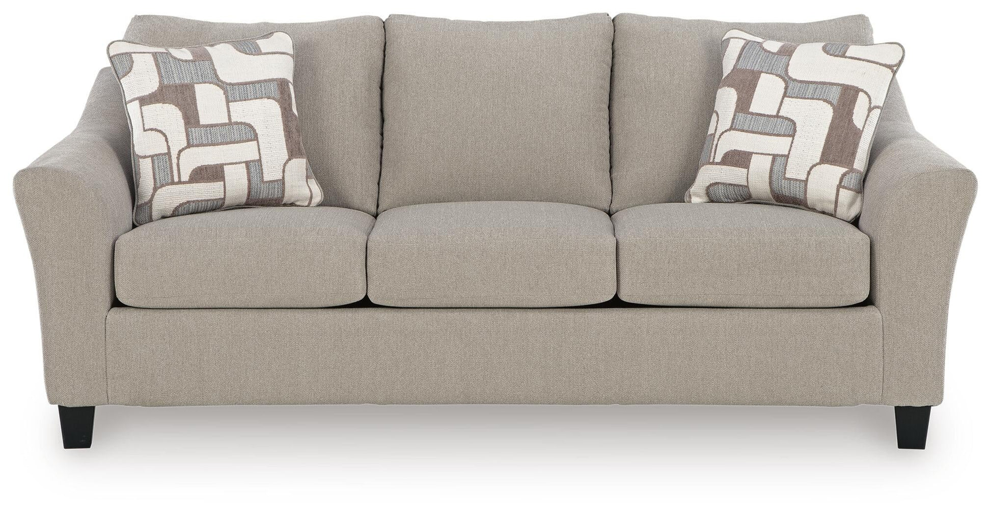 Beige loveseat with patterned accent pillows, front view