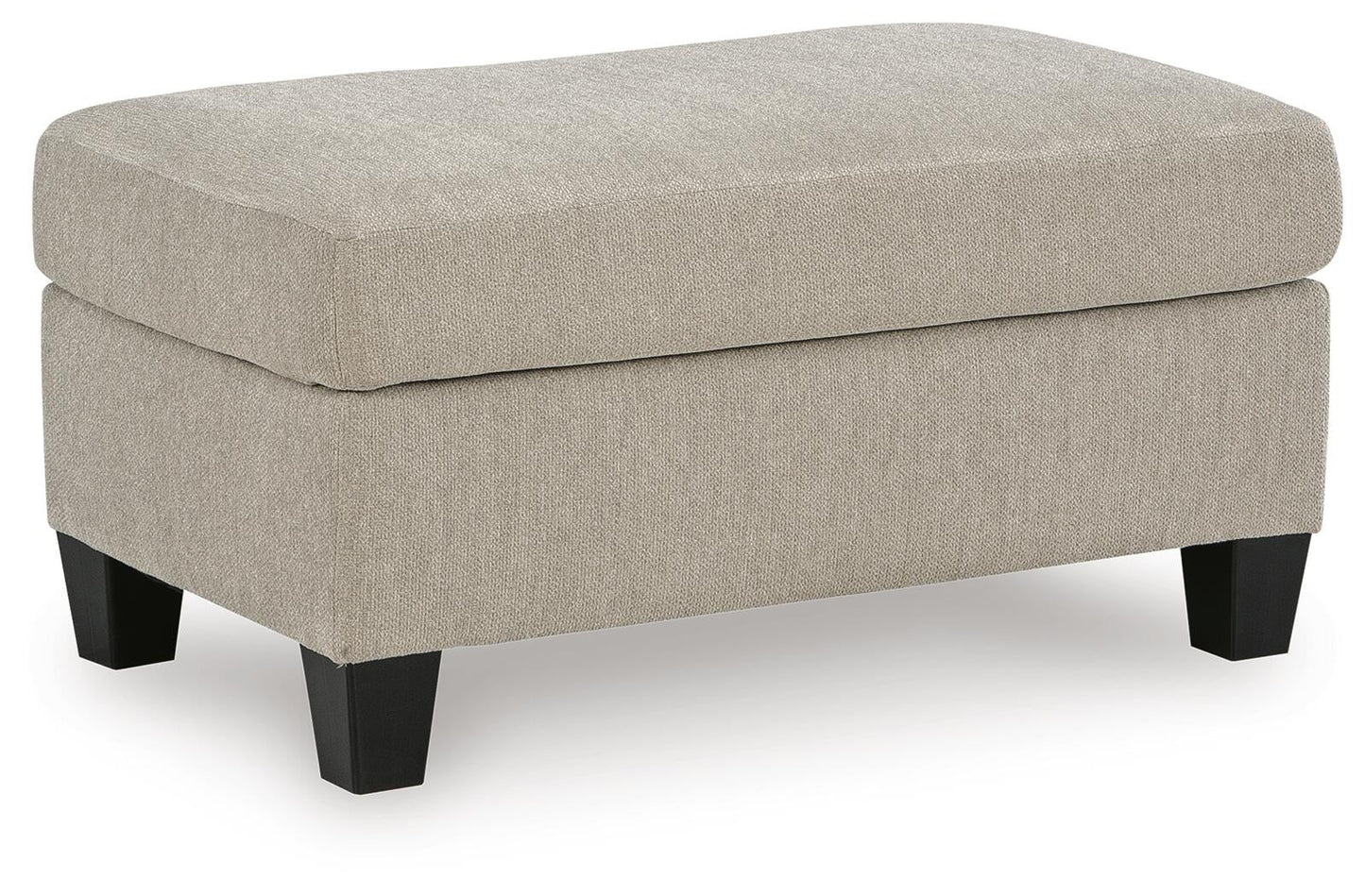 Beige rectangular upholstered ottoman, angled view