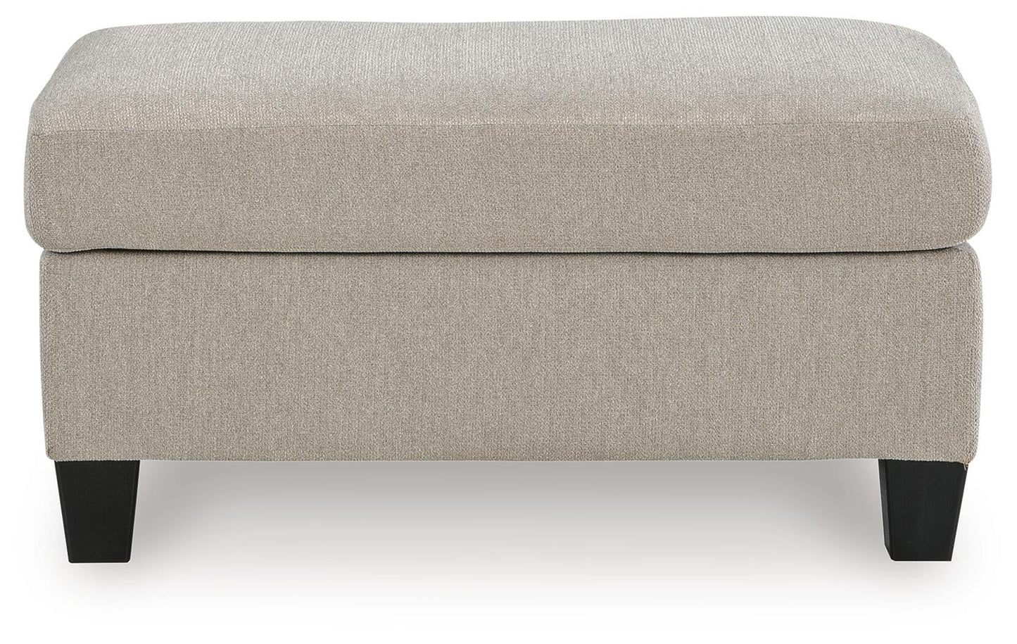Beige rectangular upholstered ottoman with dark legs, front view
