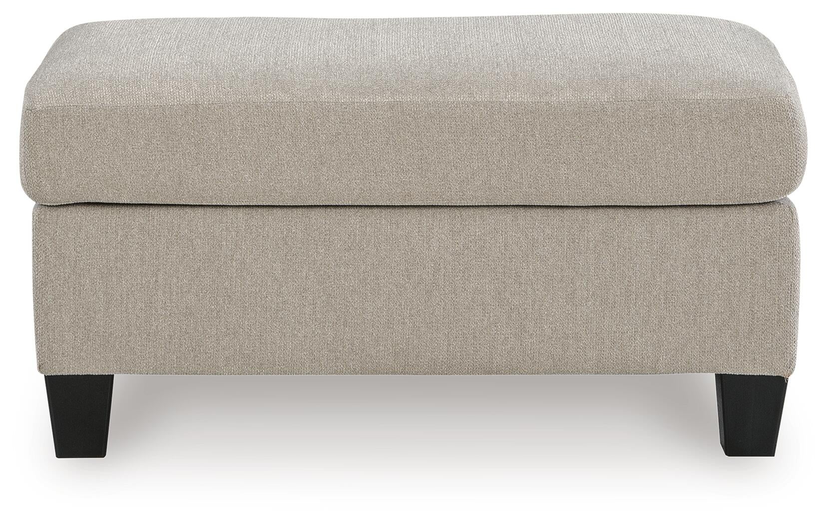 Beige rectangular upholstered ottoman with dark legs, front view