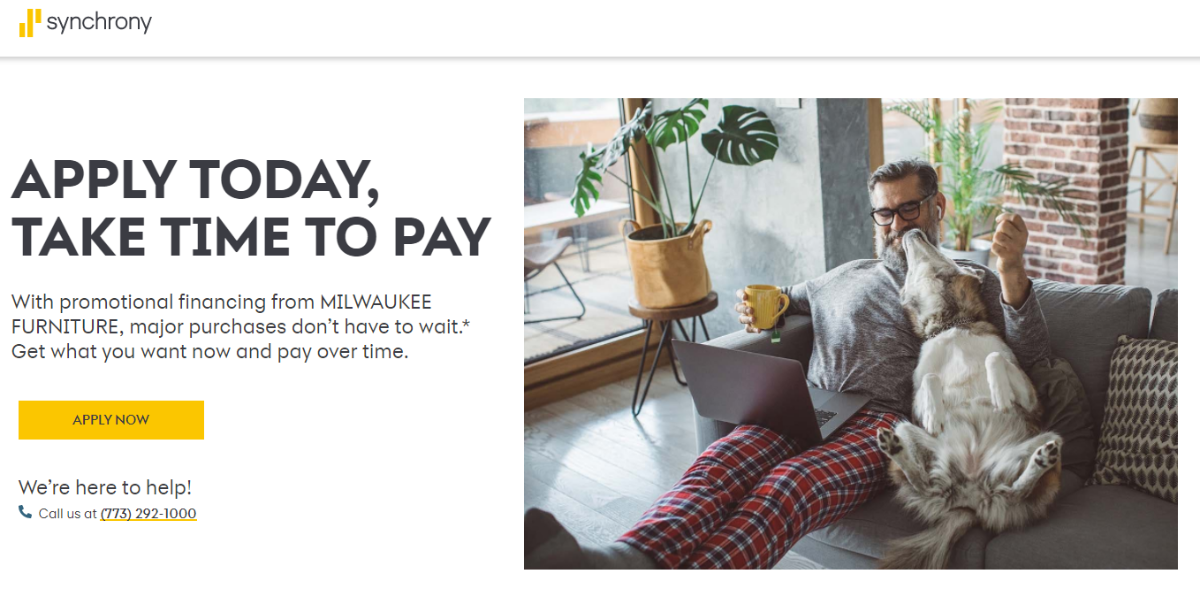 Synchrony furniture financing banner for Milwaukee Furniture: apply today and pay over time.
