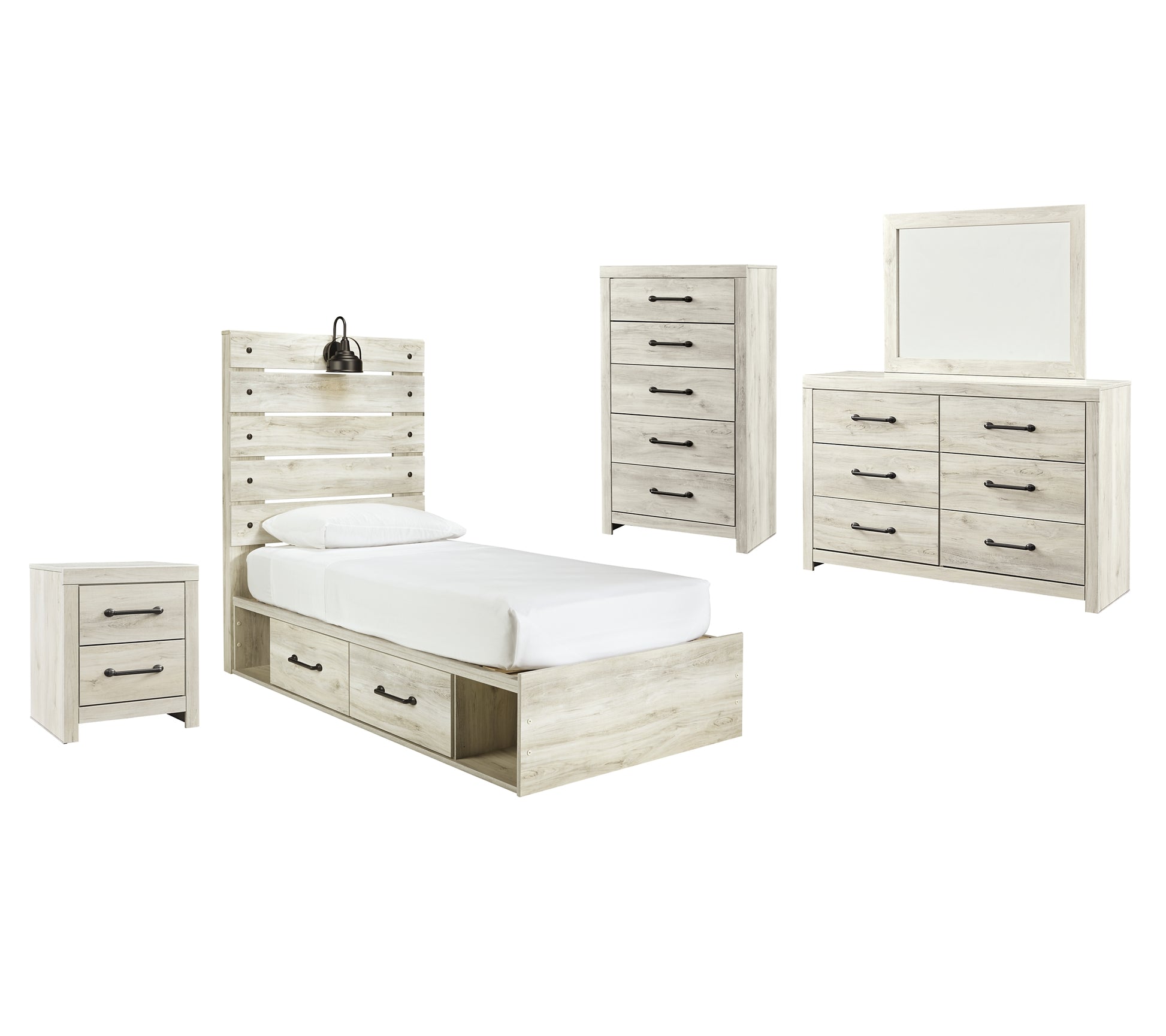 Cambeck Twin Panel Bed with 4 Storage Drawers with Mirrored Dresser, Chest and Nightstand Milwaukee Furniture of Chicago - Furniture Store in Chicago Serving Humbolt Park, Roscoe Village, Avondale, & Homan Square
