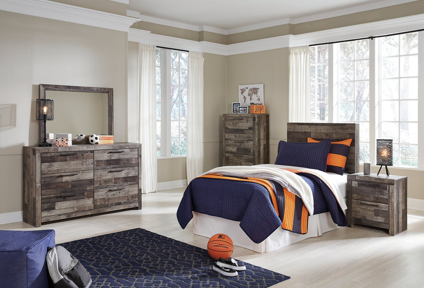 Derekson Twin Panel Headboard with Mirrored Dresser, Chest and Nightstand Milwaukee Furniture of Chicago - Furniture Store in Chicago Serving Humbolt Park, Roscoe Village, Avondale, & Homan Square
