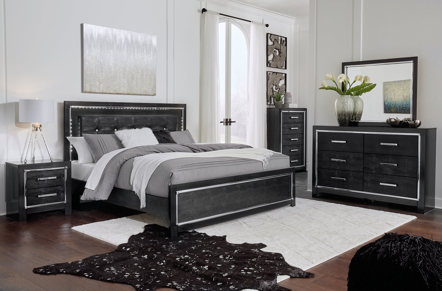 Kaydell King Upholstered Panel Bed with Mirrored Dresser and 2 Nightstands Milwaukee Furniture of Chicago - Furniture Store in Chicago Serving Humbolt Park, Roscoe Village, Avondale, & Homan Square