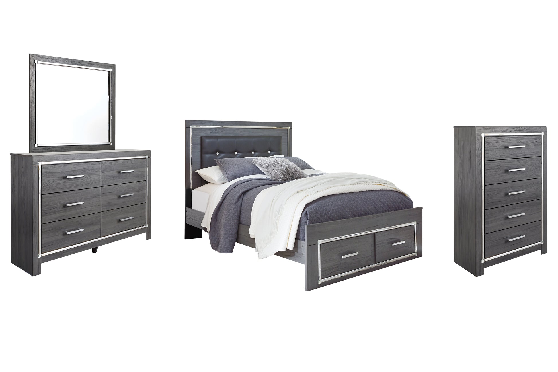 Lodanna Queen Panel Bed with 2 Storage Drawers with Mirrored Dresser and Chest Milwaukee Furniture of Chicago - Furniture Store in Chicago Serving Humbolt Park, Roscoe Village, Avondale, & Homan Square