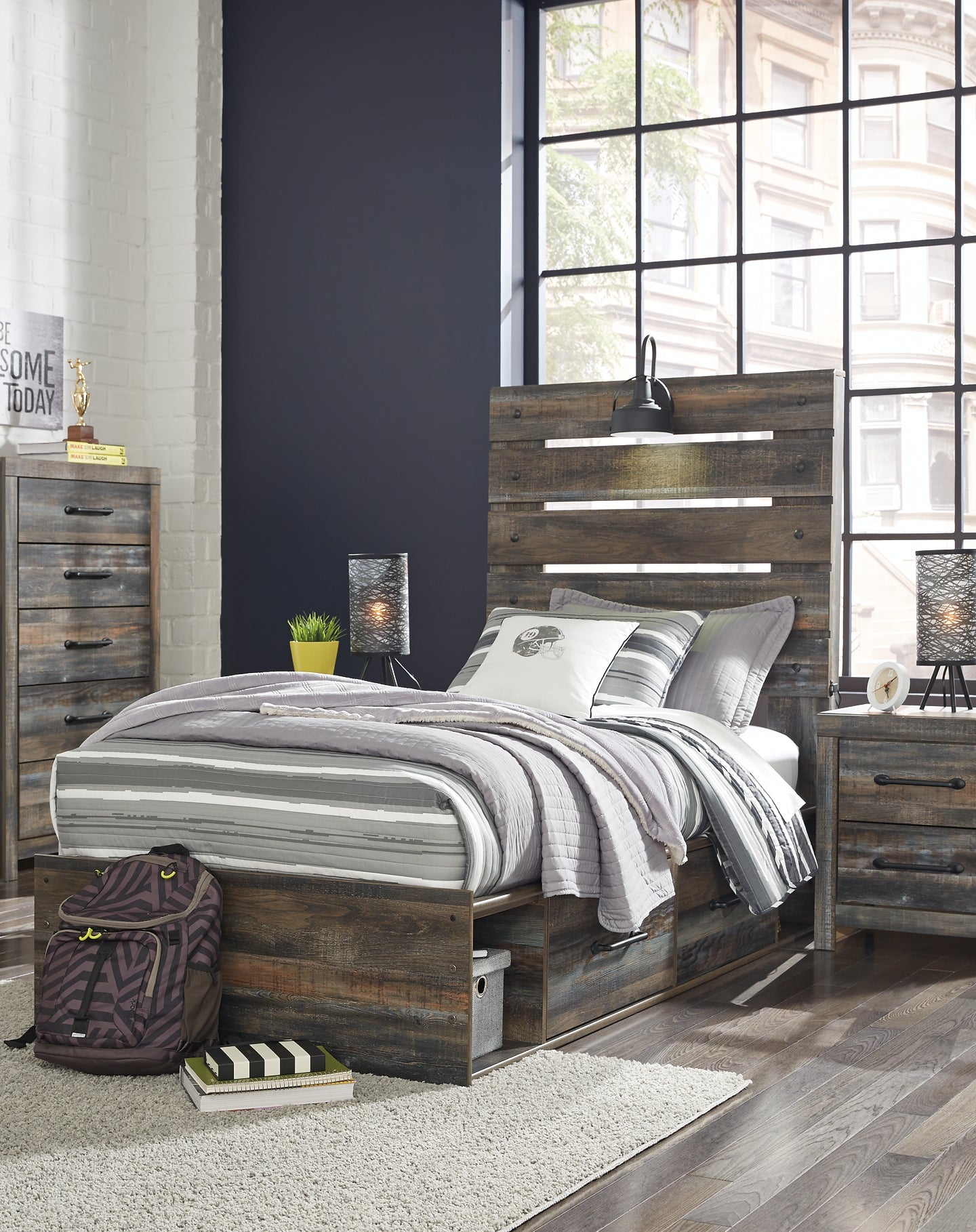 Drystan Twin Panel Bed with 4 Storage Drawers with Mirrored Dresser Milwaukee Furniture of Chicago - Furniture Store in Chicago Serving Humbolt Park, Roscoe Village, Avondale, & Homan Square
