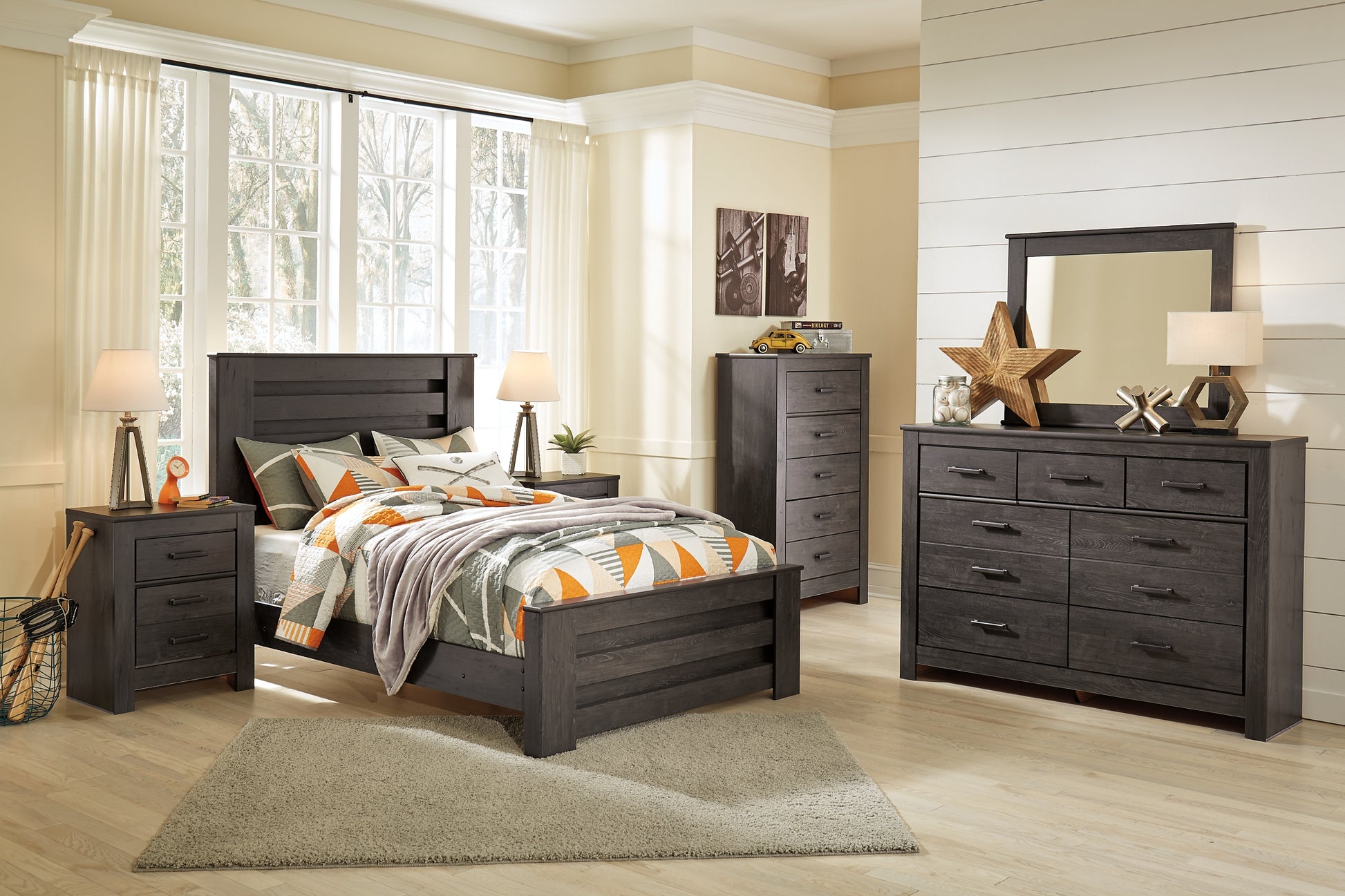 Brinxton Full Panel Bed with Mirrored Dresser, Chest and Nightstand Milwaukee Furniture of Chicago - Furniture Store in Chicago Serving Humbolt Park, Roscoe Village, Avondale, & Homan Square