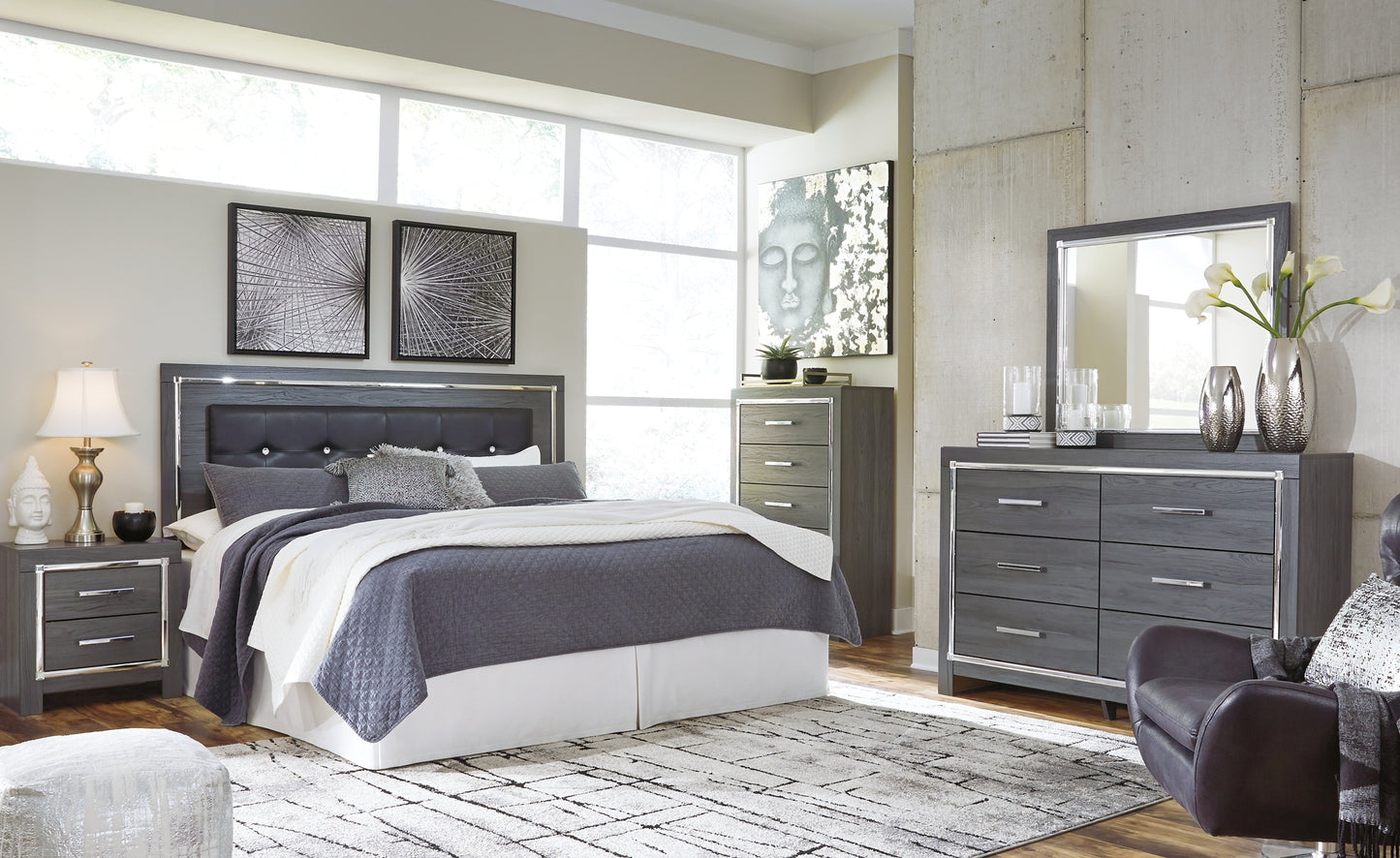 Lodanna King/California King Upholstered Panel Headboard with Mirrored Dresser and Chest Milwaukee Furniture of Chicago - Furniture Store in Chicago Serving Humbolt Park, Roscoe Village, Avondale, & Homan Square