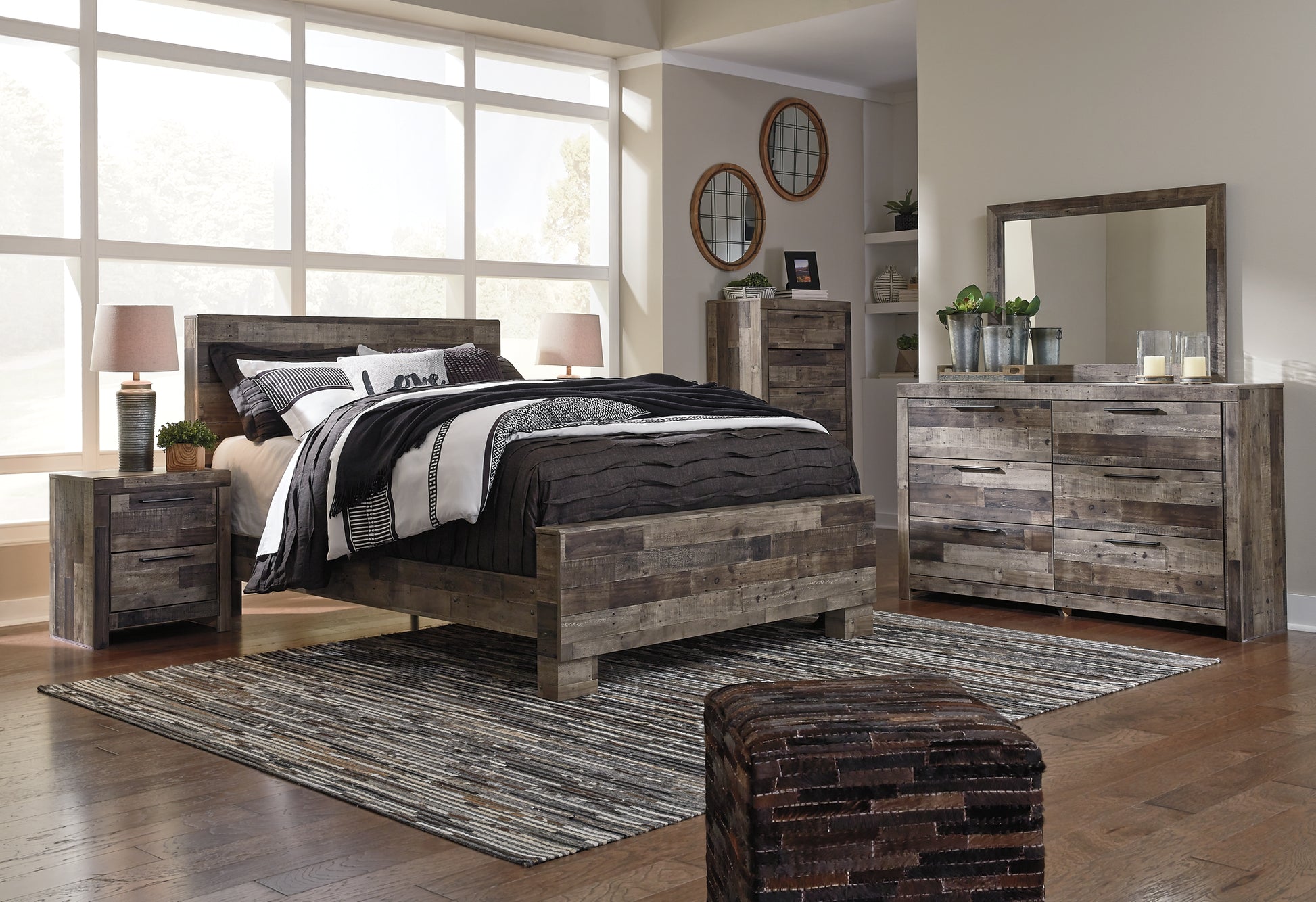 Derekson Queen Panel Bed with Mirrored Dresser, Chest and Nightstand Milwaukee Furniture of Chicago - Furniture Store in Chicago Serving Humbolt Park, Roscoe Village, Avondale, & Homan Square