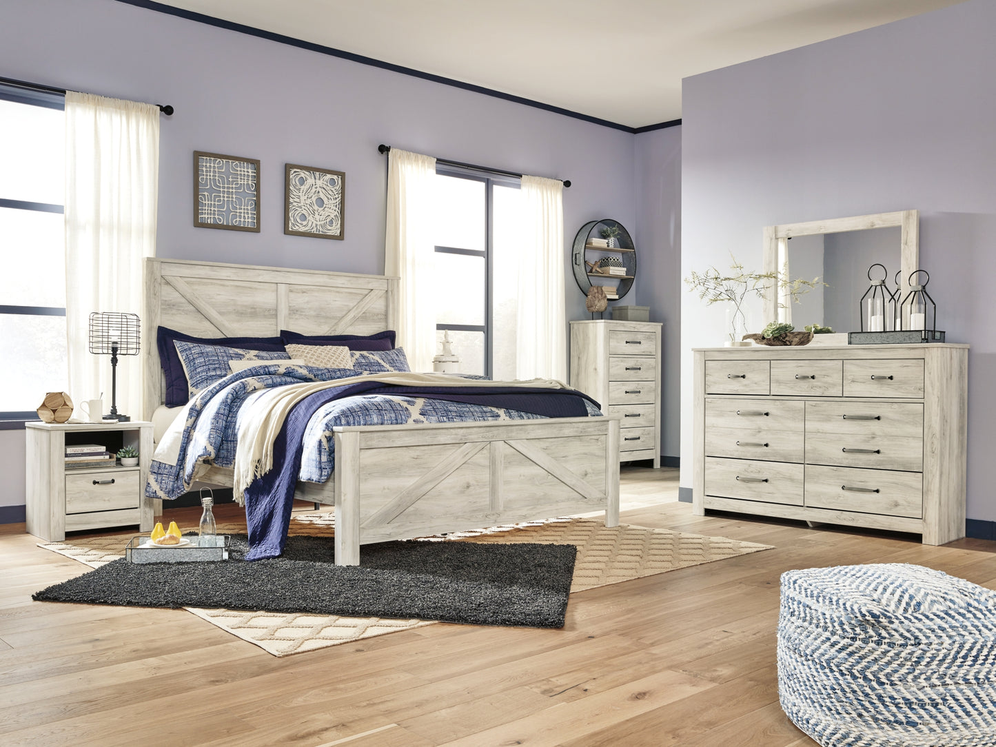 Bellaby Queen Crossbuck Panel Bed with Mirrored Dresser, Chest and Nightstand Milwaukee Furniture of Chicago - Furniture Store in Chicago Serving Humbolt Park, Roscoe Village, Avondale, & Homan Square