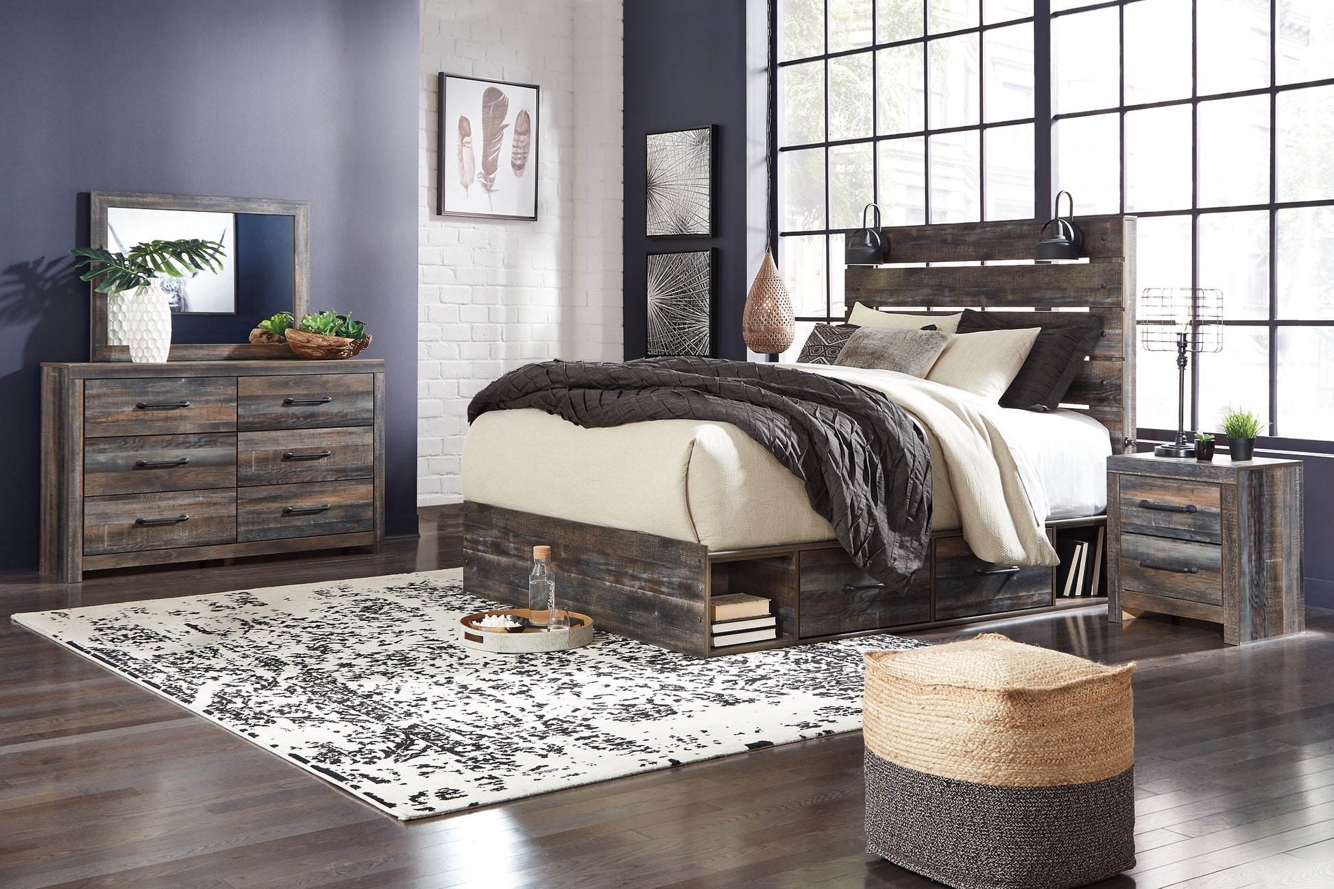 Drystan King Panel Bed with 4 Storage Drawers with Mirrored Dresser and Chest Milwaukee Furniture of Chicago - Furniture Store in Chicago Serving Humbolt Park, Roscoe Village, Avondale, & Homan Square