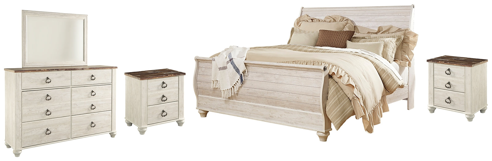 Willowton King Sleigh Bed with Mirrored Dresser and 2 Nightstands Milwaukee Furniture of Chicago - Furniture Store in Chicago Serving Humbolt Park, Roscoe Village, Avondale, & Homan Square
