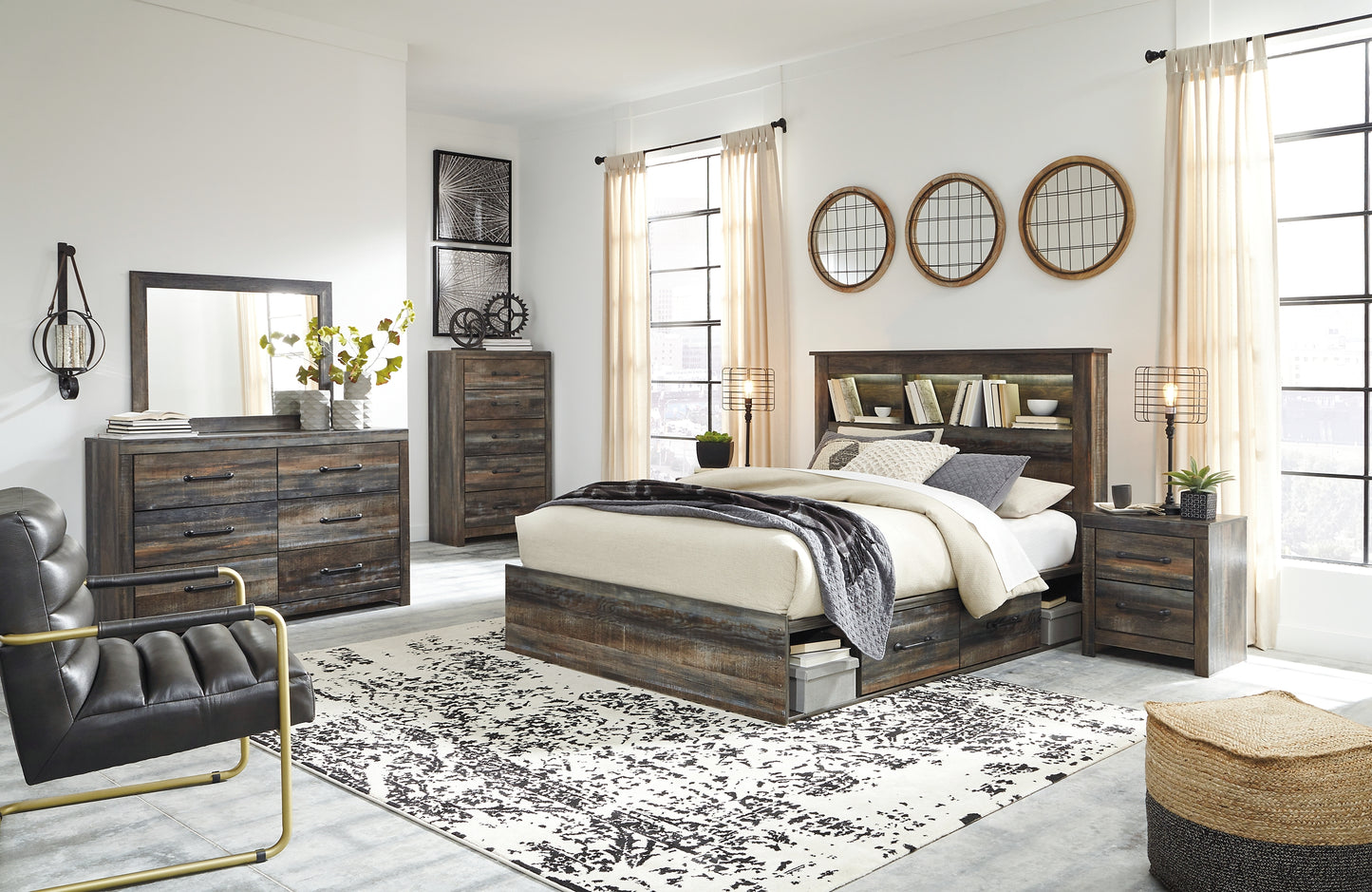 Drystan Queen Bookcase Bed with 2 Storage Drawers with Mirrored Dresser, Chest and 2 Nightstands Milwaukee Furniture of Chicago - Furniture Store in Chicago Serving Humbolt Park, Roscoe Village, Avondale, & Homan Square