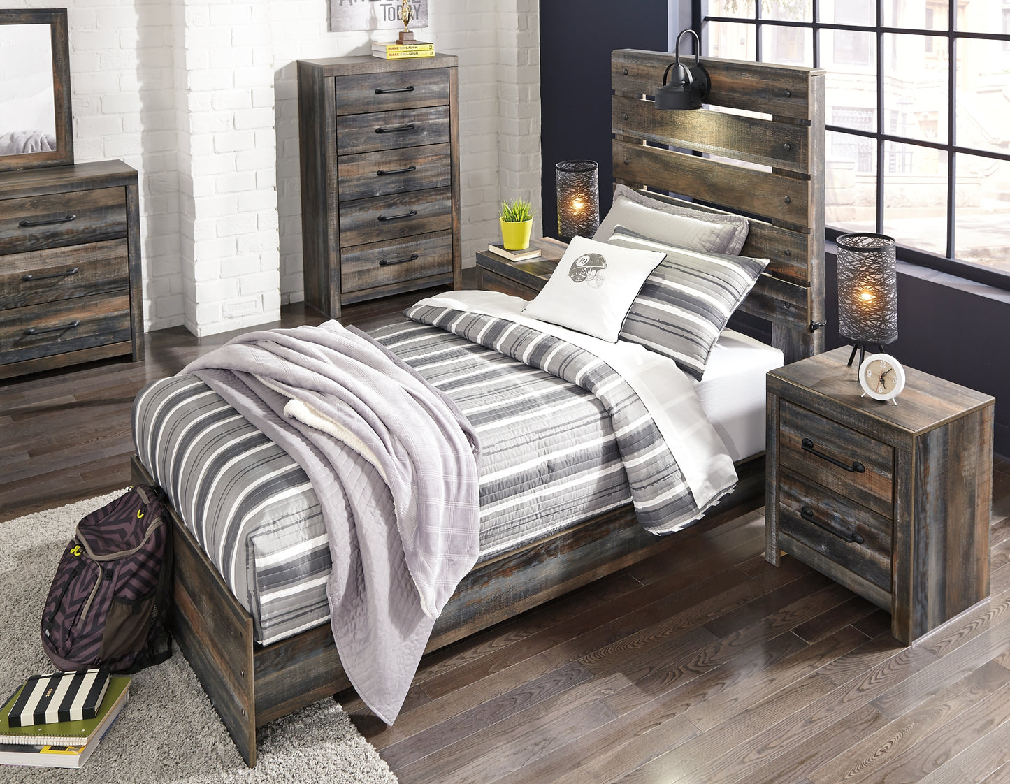 Drystan Twin Panel Bed with Mirrored Dresser, Chest and Nightstand Milwaukee Furniture of Chicago - Furniture Store in Chicago Serving Humbolt Park, Roscoe Village, Avondale, & Homan Square