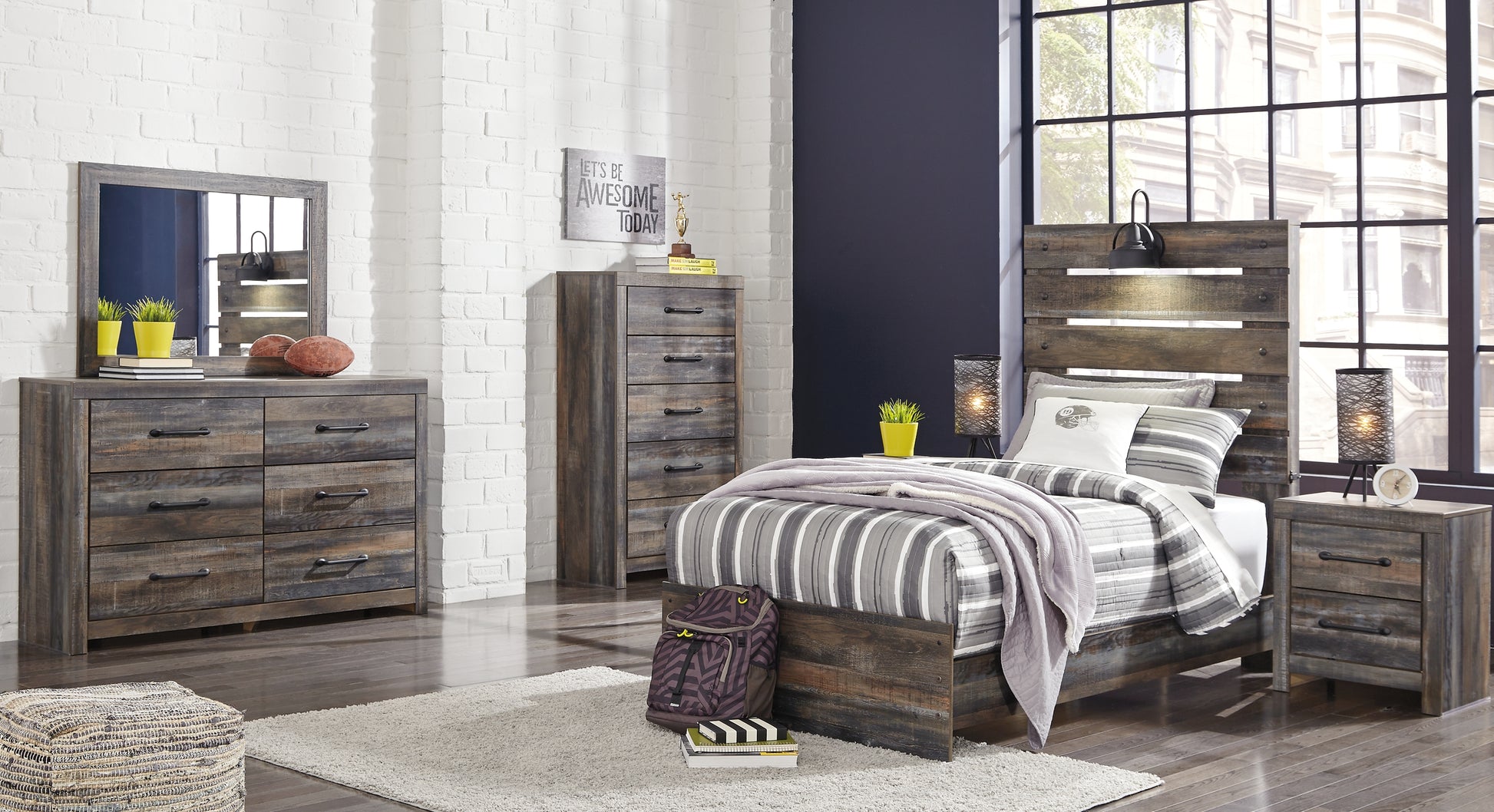 Drystan Twin Panel Bed with Mirrored Dresser, Chest and 2 Nightstands Milwaukee Furniture of Chicago - Furniture Store in Chicago Serving Humbolt Park, Roscoe Village, Avondale, & Homan Square