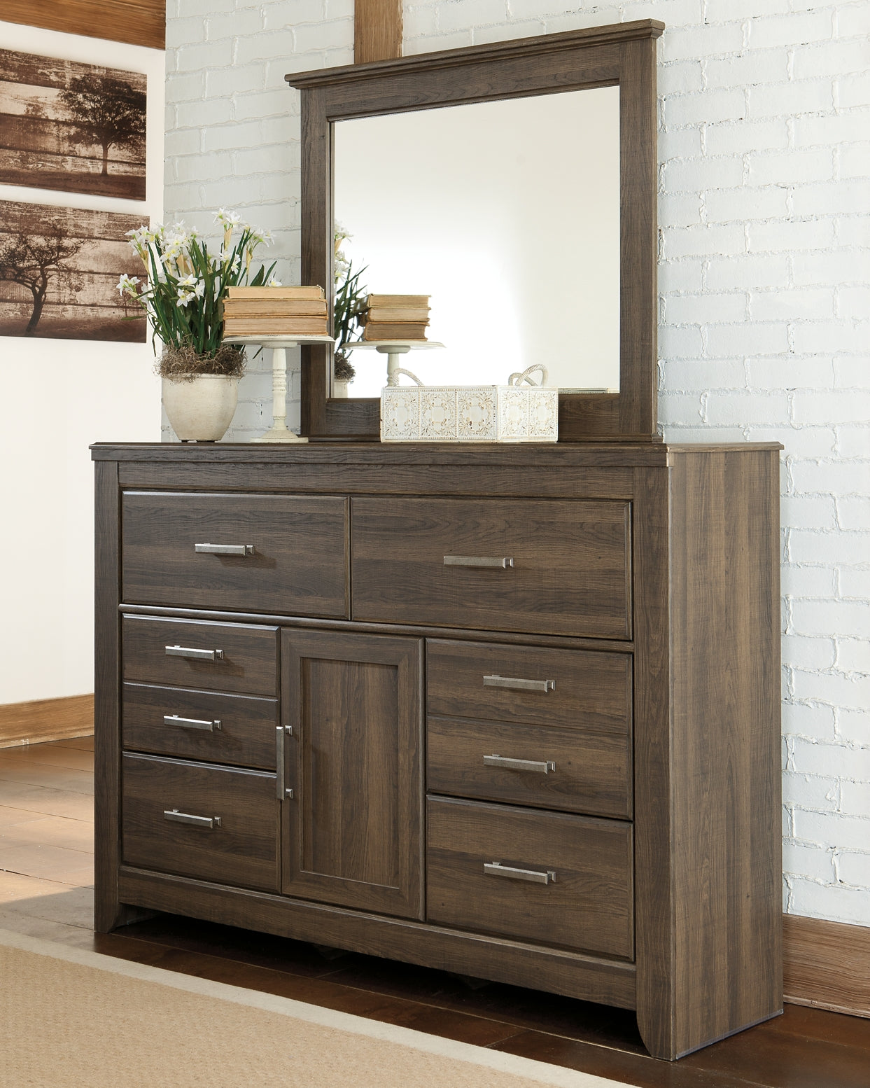 Juararo King Poster Bed with Mirrored Dresser, Chest and Nightstand Milwaukee Furniture of Chicago - Furniture Store in Chicago Serving Humbolt Park, Roscoe Village, Avondale, & Homan Square