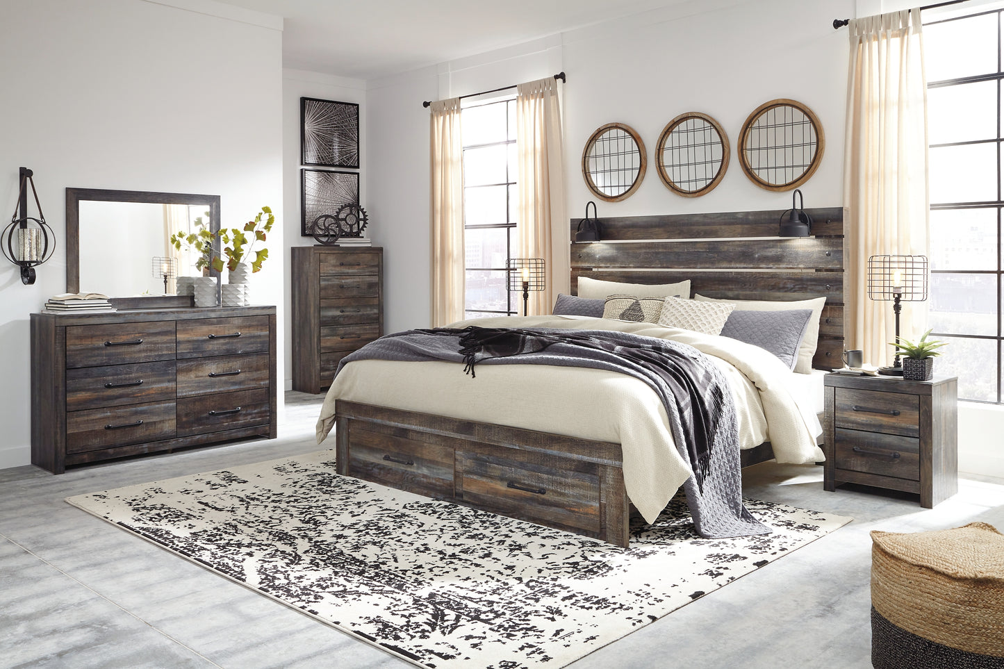 Drystan King Panel Bed with Storage with Mirrored Dresser and Chest