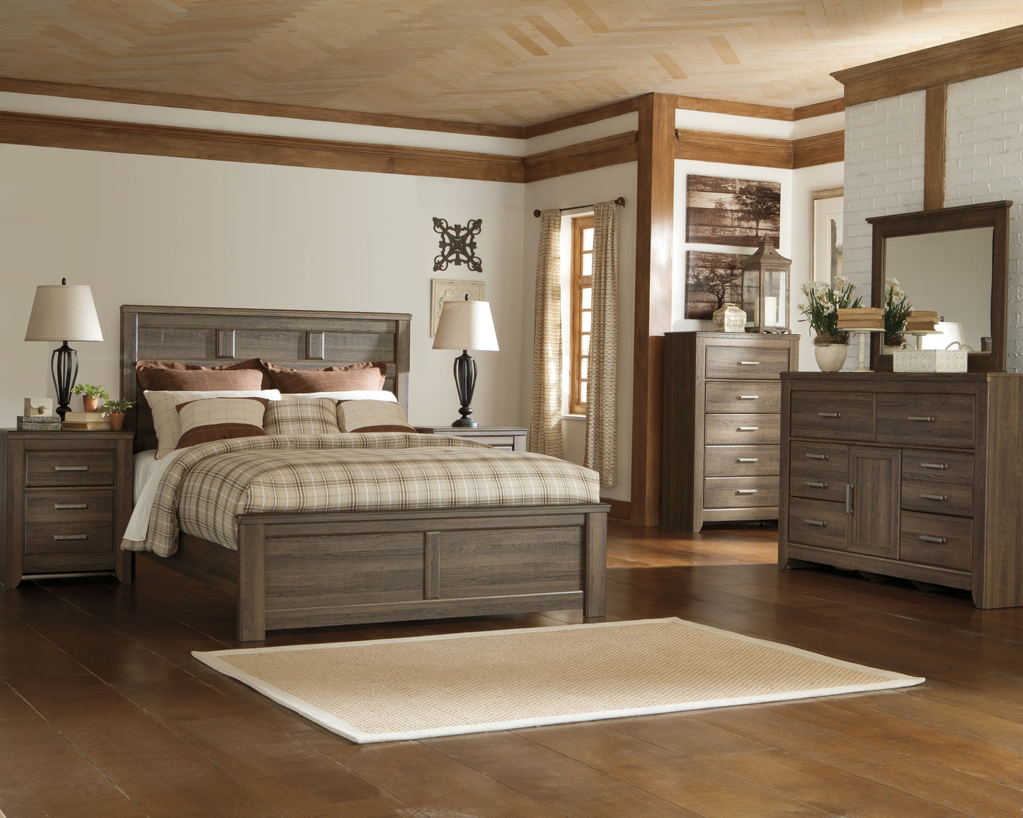 Juararo Queen Panel Bed with Mirrored Dresser, Chest and 2 Nightstands Milwaukee Furniture of Chicago - Furniture Store in Chicago Serving Humbolt Park, Roscoe Village, Avondale, & Homan Square
