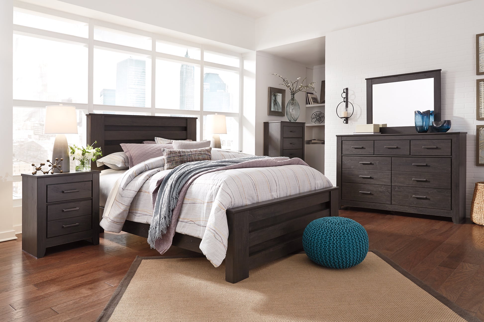 Brinxton King Panel Bed with Mirrored Dresser, Chest and 2 Nightstands Milwaukee Furniture of Chicago - Furniture Store in Chicago Serving Humbolt Park, Roscoe Village, Avondale, & Homan Square