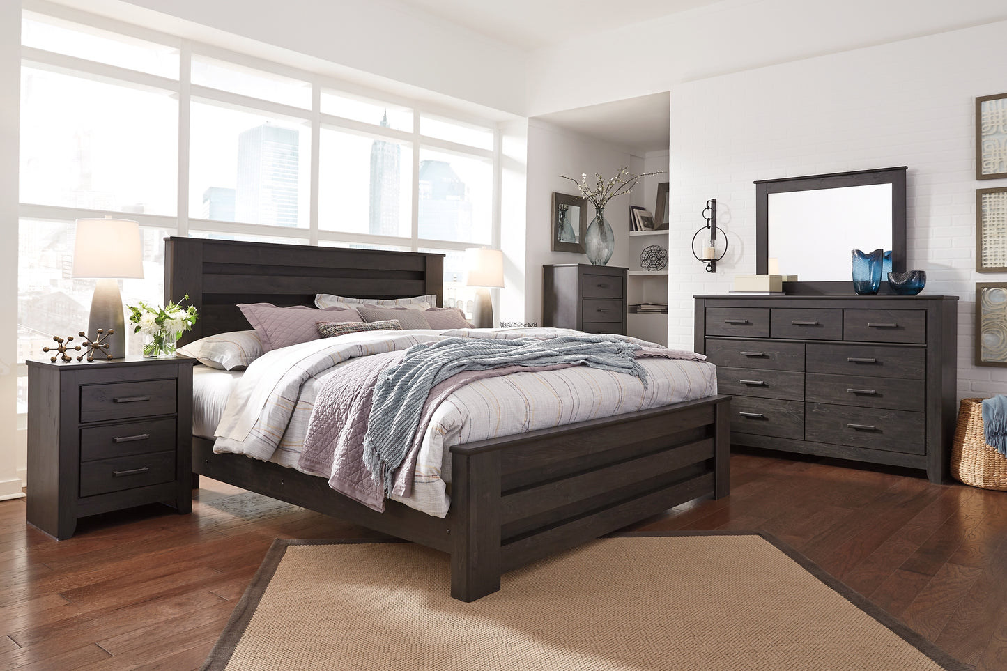 Brinxton King Panel Bed with Mirrored Dresser Milwaukee Furniture of Chicago - Furniture Store in Chicago Serving Humbolt Park, Roscoe Village, Avondale, & Homan Square