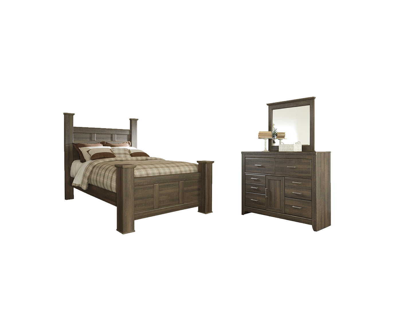 Juararo Queen Poster Bed with Mirrored Dresser Milwaukee Furniture of Chicago - Furniture Store in Chicago Serving Humbolt Park, Roscoe Village, Avondale, & Homan Square