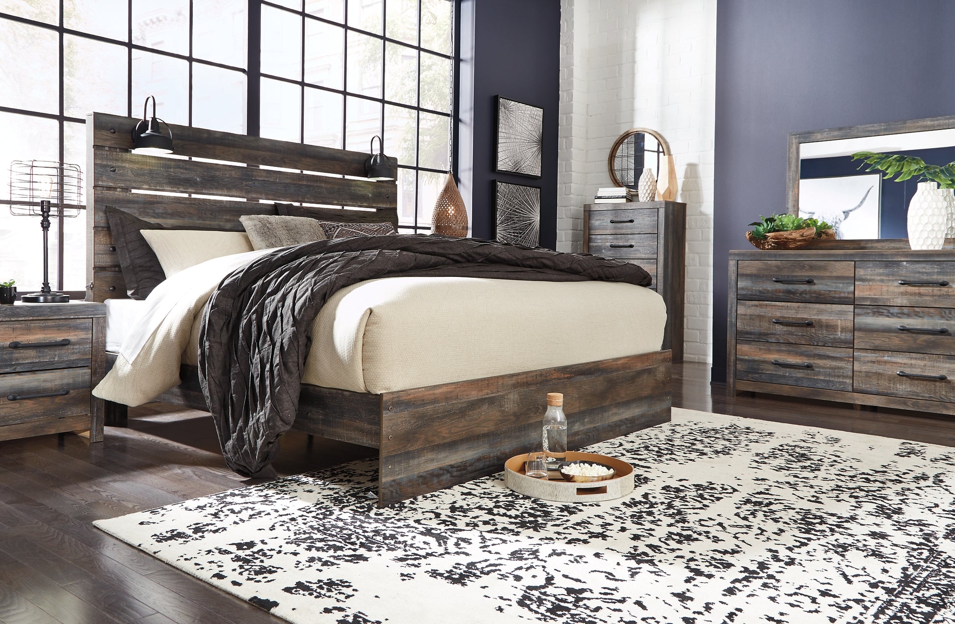 Drystan King Panel Bed with Mirrored Dresser, Chest and Nightstand Milwaukee Furniture of Chicago - Furniture Store in Chicago Serving Humbolt Park, Roscoe Village, Avondale, & Homan Square