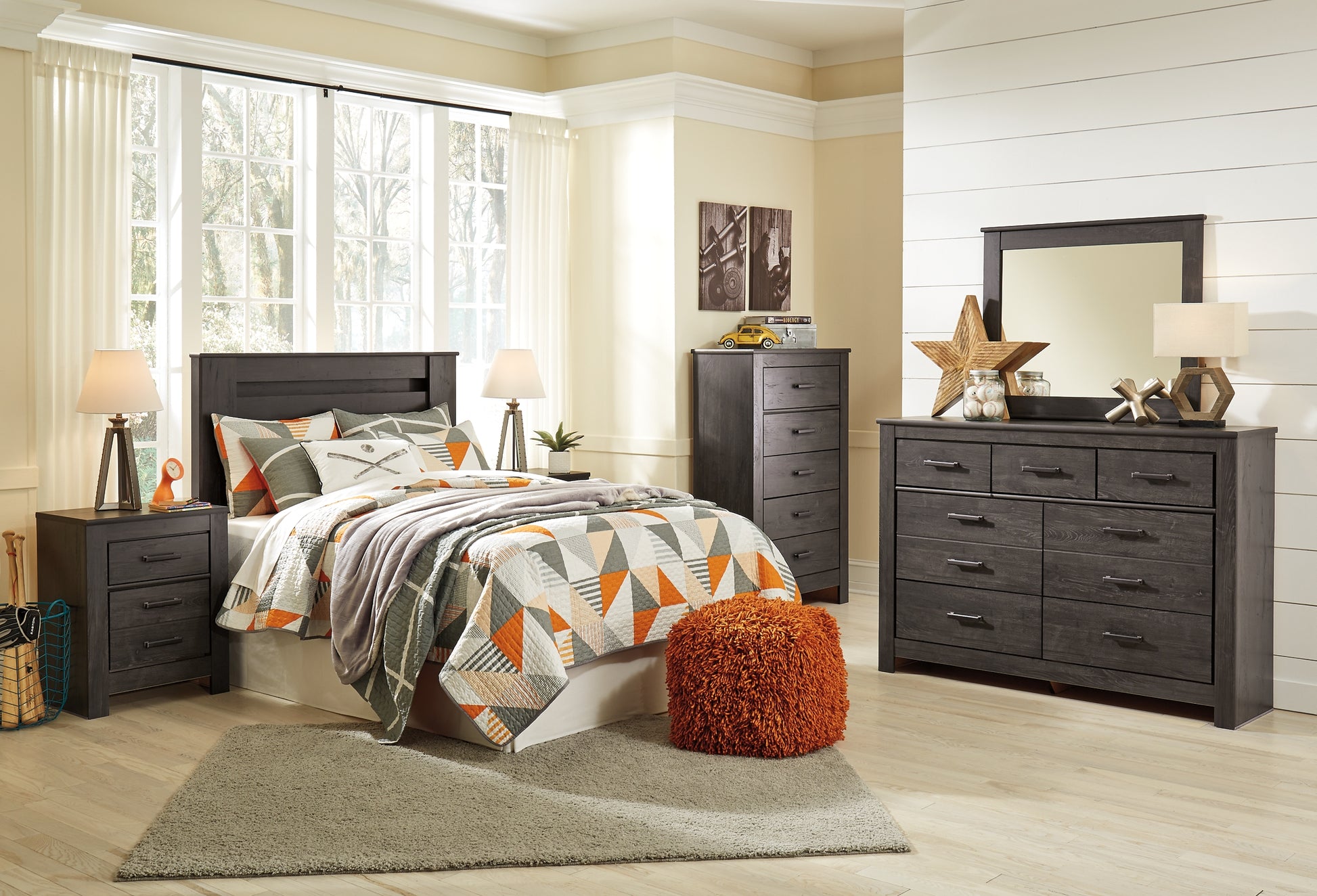 Brinxton Queen/Full Panel Headboard with Mirrored Dresser, Chest and 2 Nightstands Milwaukee Furniture of Chicago - Furniture Store in Chicago Serving Humbolt Park, Roscoe Village, Avondale, & Homan Square