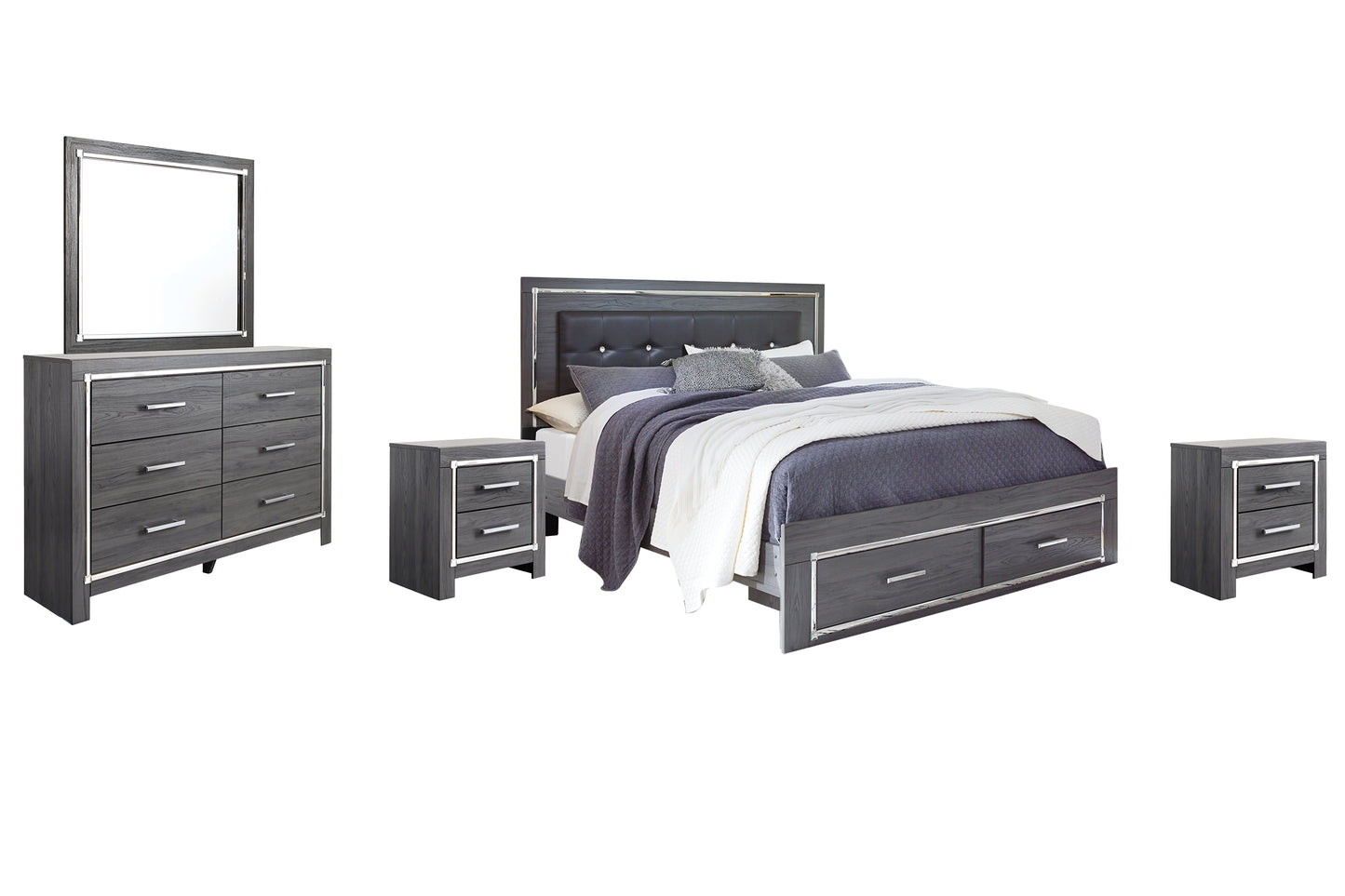 Lodanna King Panel Bed with 2 Storage Drawers with Mirrored Dresser and 2 Nightstands Milwaukee Furniture of Chicago - Furniture Store in Chicago Serving Humbolt Park, Roscoe Village, Avondale, & Homan Square
