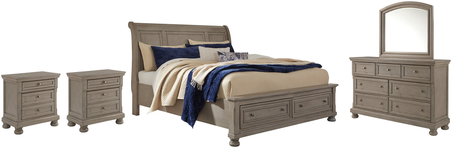 Lettner King Sleigh Bed with 2 Storage Drawers with Mirrored Dresser and 2 Nightstands Milwaukee Furniture of Chicago - Furniture Store in Chicago Serving Humbolt Park, Roscoe Village, Avondale, & Homan Square