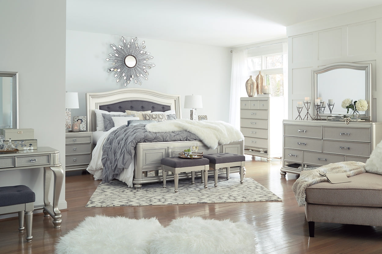 Coralayne California King Upholstered Sleigh Bed with Mirrored Dresser, Chest and Nightstand Milwaukee Furniture of Chicago - Furniture Store in Chicago Serving Humbolt Park, Roscoe Village, Avondale, & Homan Square