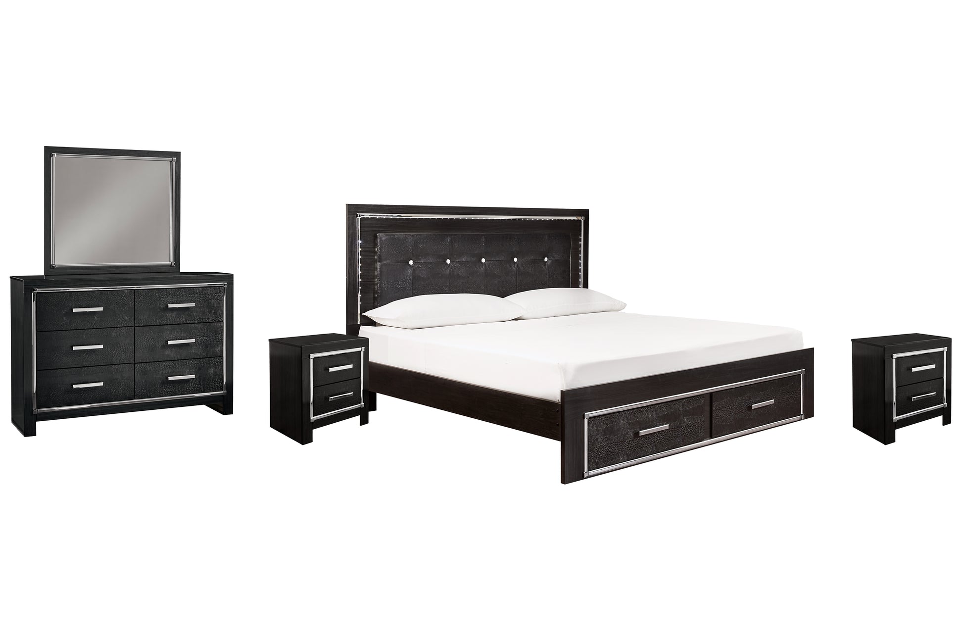 Kaydell King Panel Bed with Storage with Mirrored Dresser and 2 Nightstands Milwaukee Furniture of Chicago - Furniture Store in Chicago Serving Humbolt Park, Roscoe Village, Avondale, & Homan Square