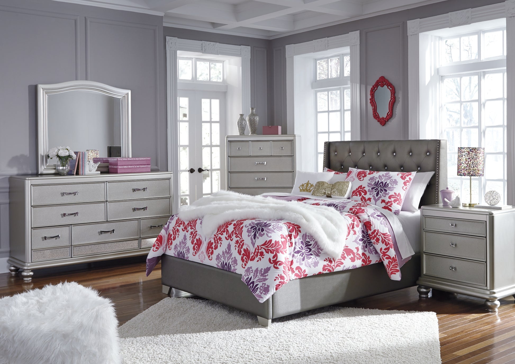 Coralayne Full Upholstered Bed with Mirrored Dresser and 2 Nightstands Milwaukee Furniture of Chicago - Furniture Store in Chicago Serving Humbolt Park, Roscoe Village, Avondale, & Homan Square