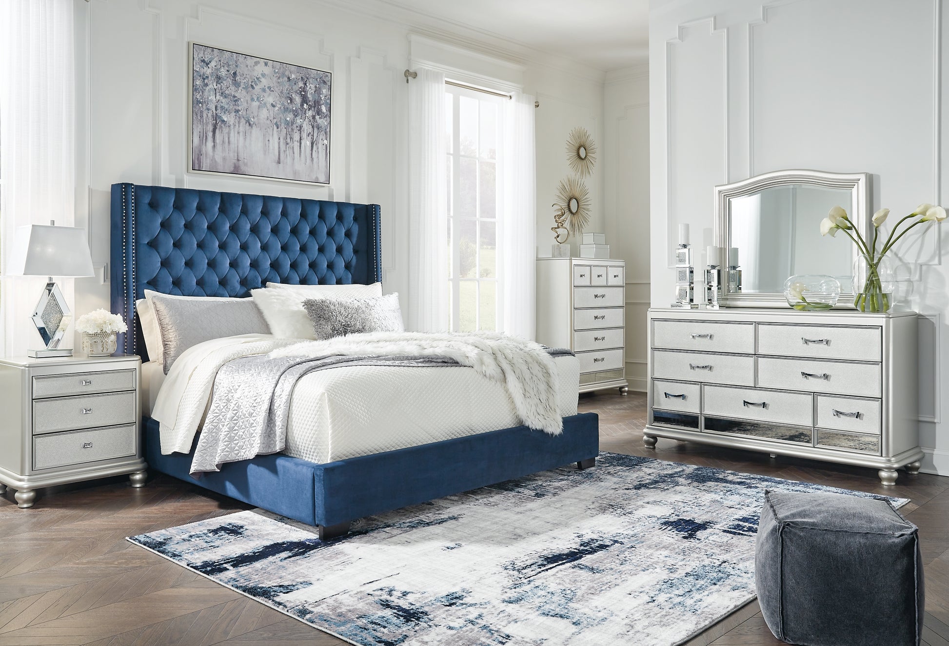 Coralayne California King Upholstered Bed with Mirrored Dresser Milwaukee Furniture of Chicago - Furniture Store in Chicago Serving Humbolt Park, Roscoe Village, Avondale, & Homan Square