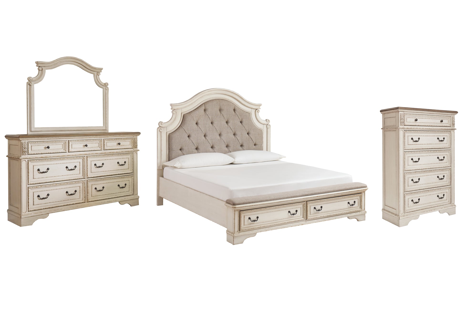 Realyn California King Upholstered Bed with Mirrored Dresser and Chest Milwaukee Furniture of Chicago - Furniture Store in Chicago Serving Humbolt Park, Roscoe Village, Avondale, & Homan Square