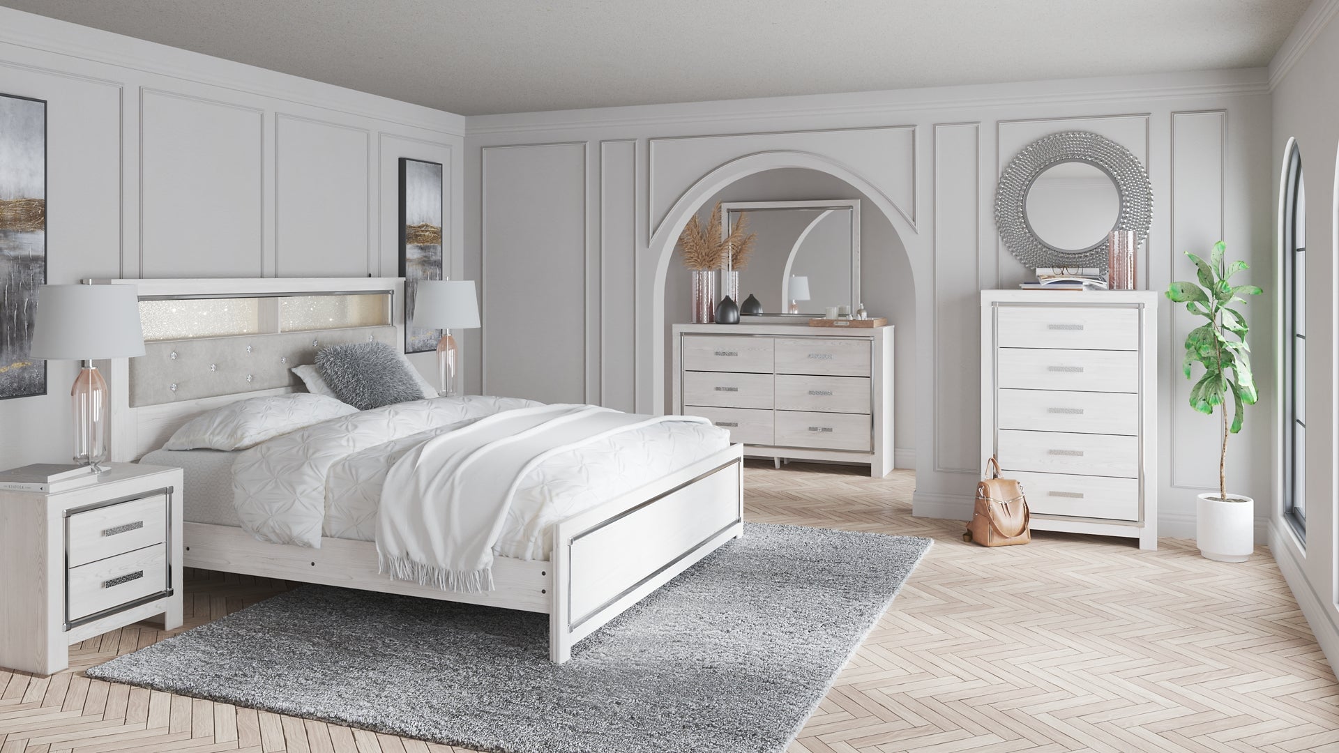 Altyra King Panel Bookcase Bed with Mirrored Dresser and 2 Nightstands Milwaukee Furniture of Chicago - Furniture Store in Chicago Serving Humbolt Park, Roscoe Village, Avondale, & Homan Square