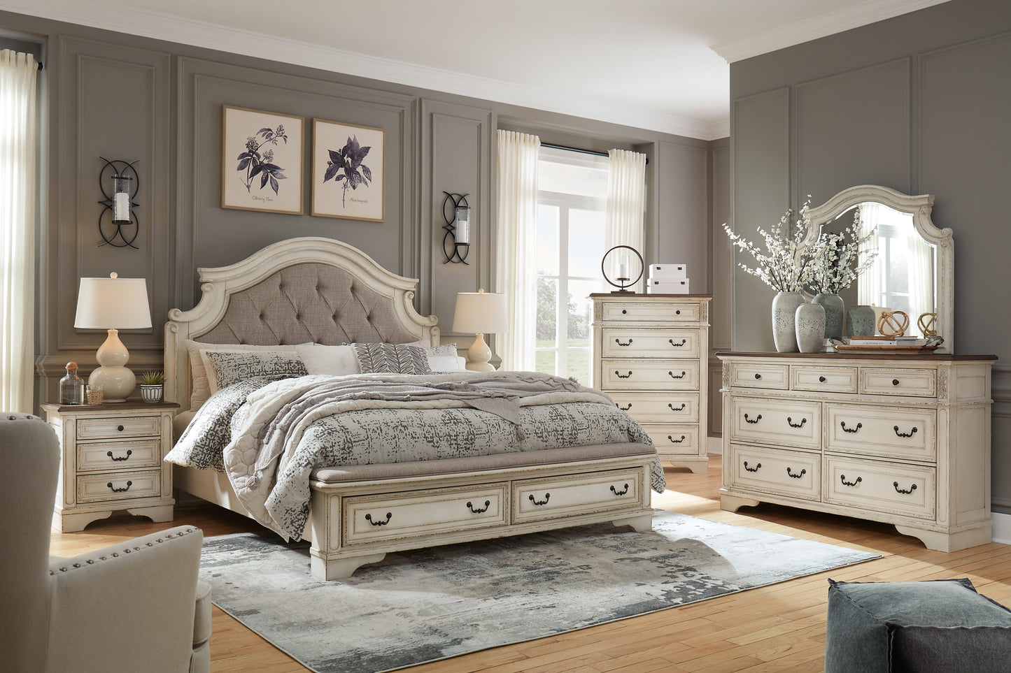 Realyn California King Upholstered Bed with 2 Nightstands Milwaukee Furniture of Chicago - Furniture Store in Chicago Serving Humbolt Park, Roscoe Village, Avondale, & Homan Square