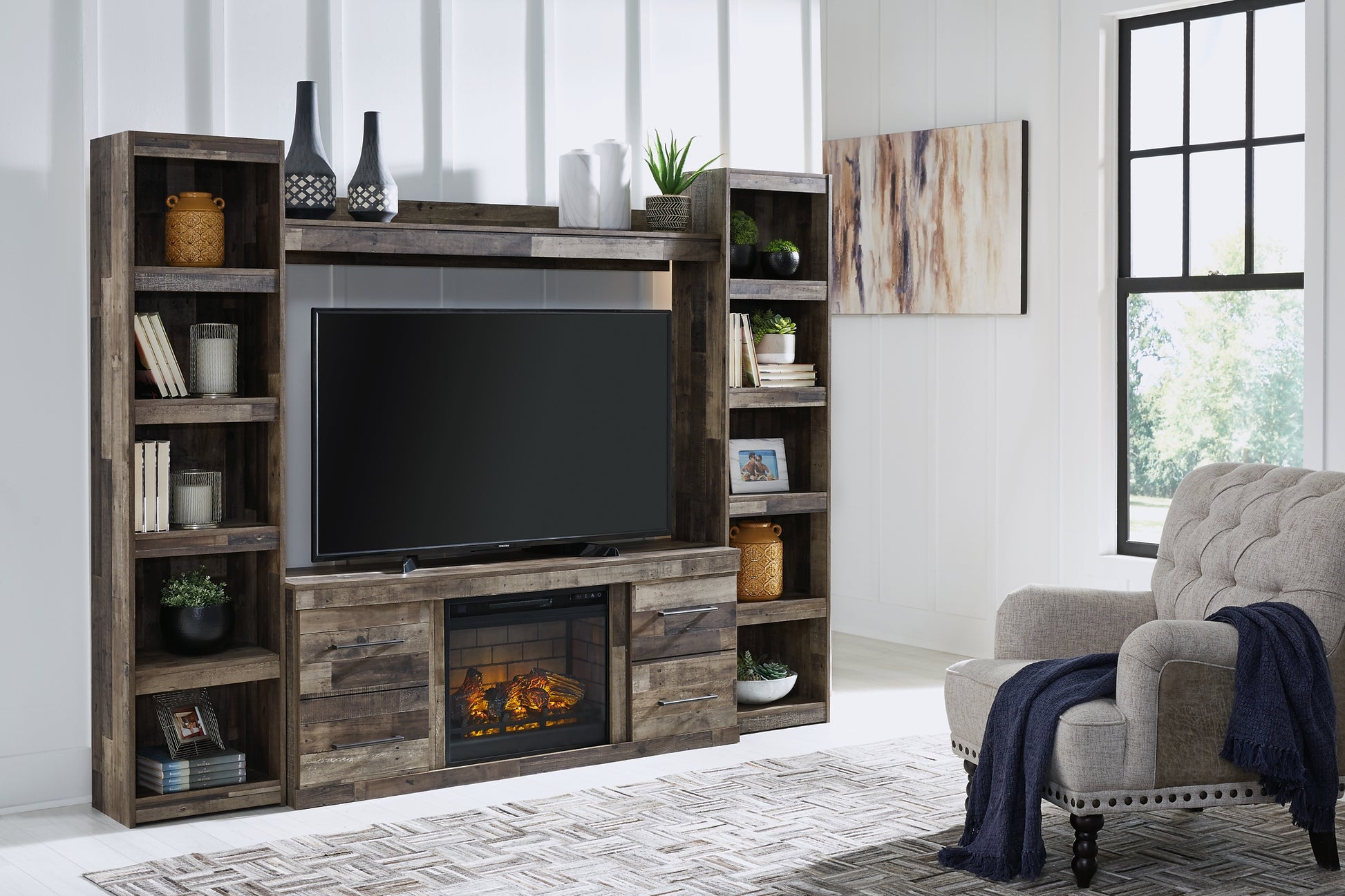 Derekson 4-Piece Entertainment Center with Electric Fireplace Milwaukee Furniture of Chicago - Furniture Store in Chicago Serving Humbolt Park, Roscoe Village, Avondale, & Homan Square