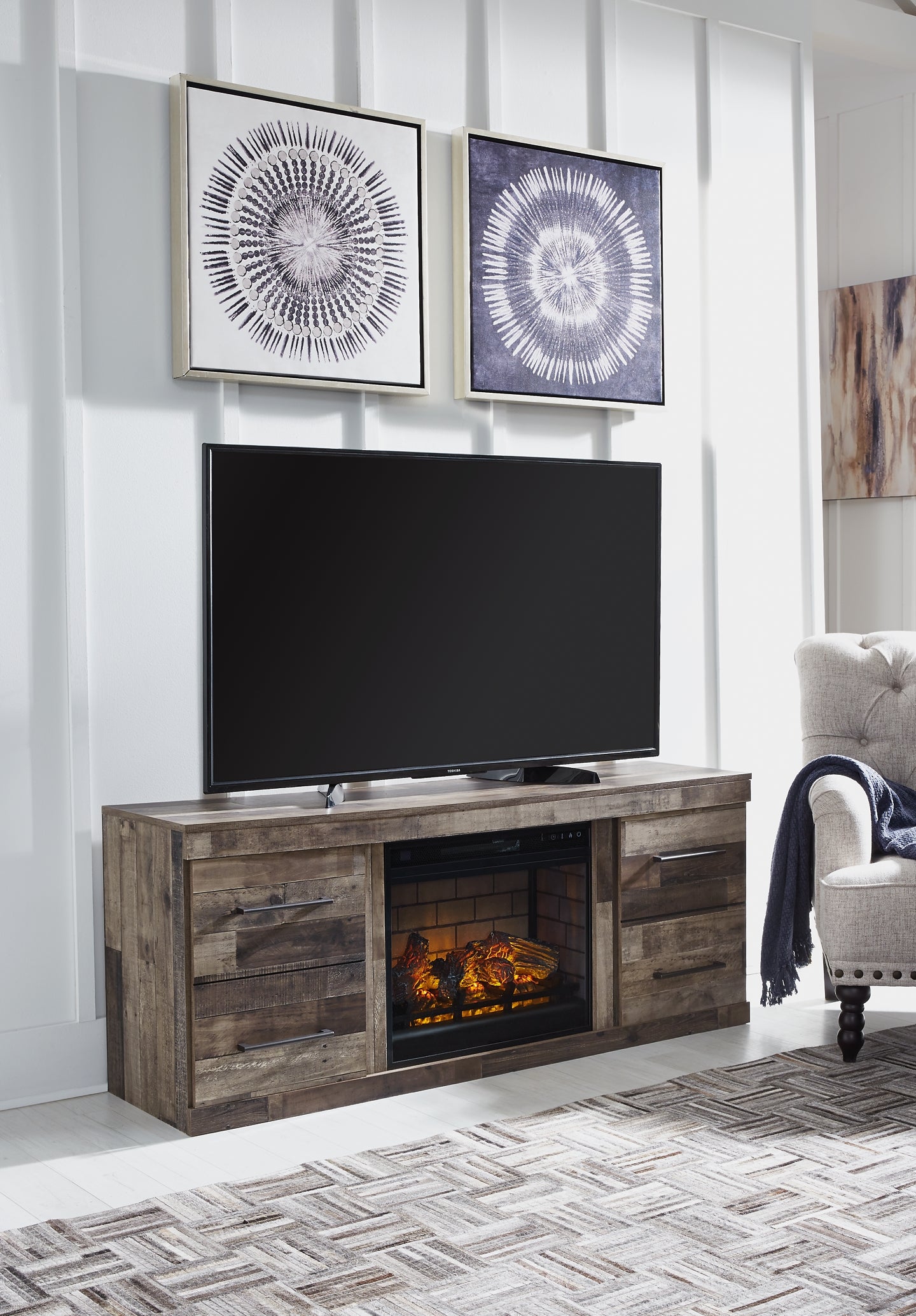 Derekson TV Stand with Electric Fireplace Milwaukee Furniture of Chicago - Furniture Store in Chicago Serving Humbolt Park, Roscoe Village, Avondale, & Homan Square