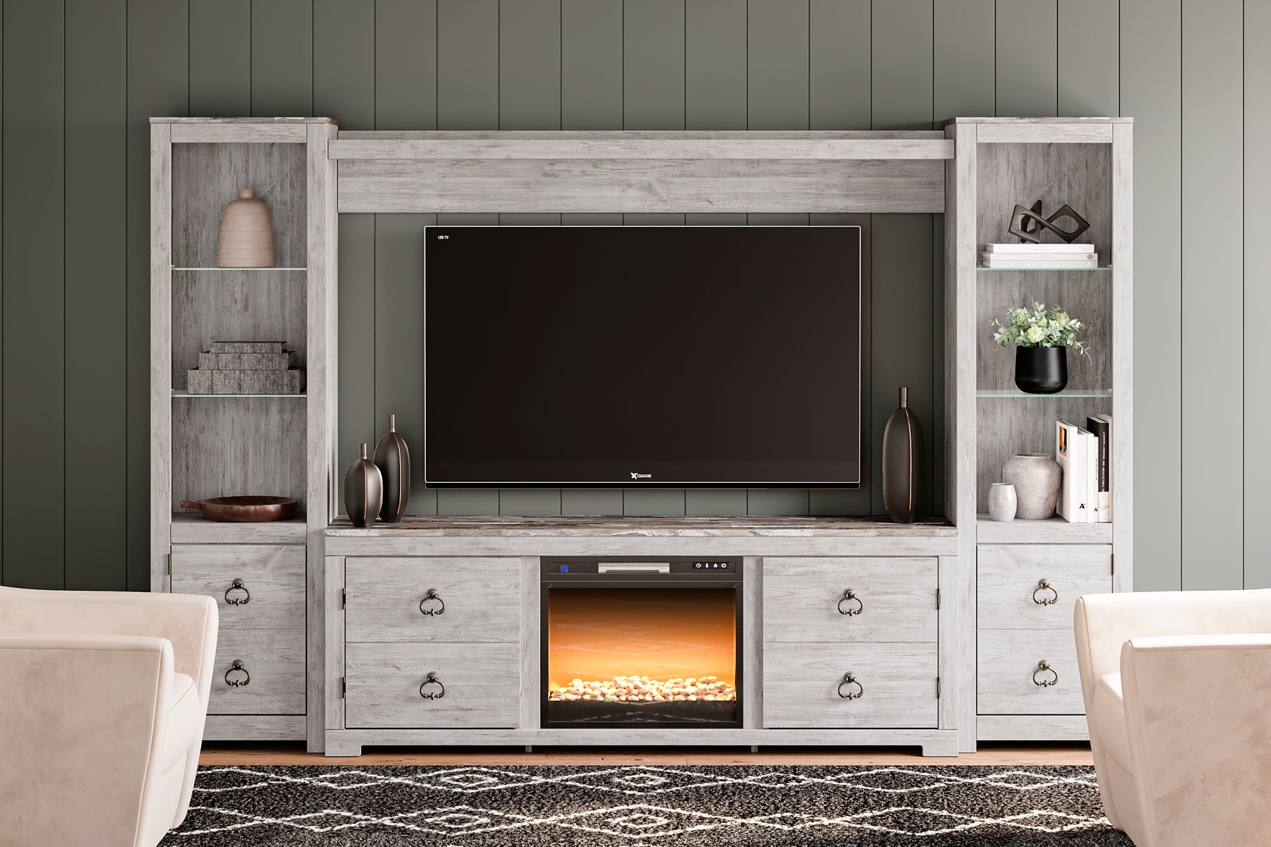 Willowton 4-Piece Entertainment Center with Electric Fireplace Milwaukee Furniture of Chicago - Furniture Store in Chicago Serving Humbolt Park, Roscoe Village, Avondale, & Homan Square